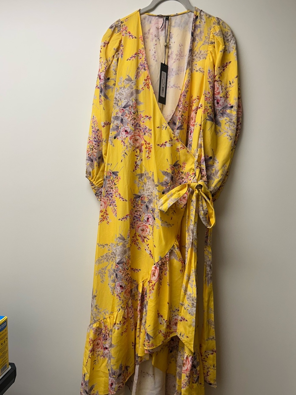 NWT Kobi Halperin Dena Floral Wrap Midi Dress Yellow Size M
